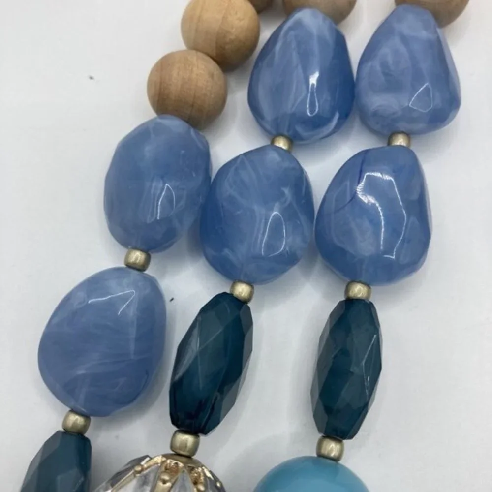 Triple Strand Acrylic Faceted Beads Wood Gold Tone LYNDELL NYC Designer Necklace